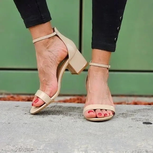 Women Ankle Straps Low Chunky Heels Sandals Beige Color - Picture 3 of 6